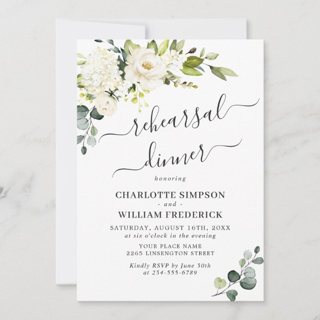 Elegant Eucalyptus White Roses REHEARSAL DINNER Invitation (Front)