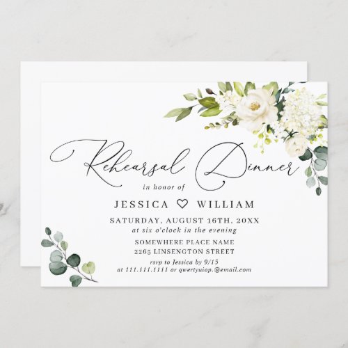 Elegant Eucalyptus White Roses REHEARSAL DINNER Invitation