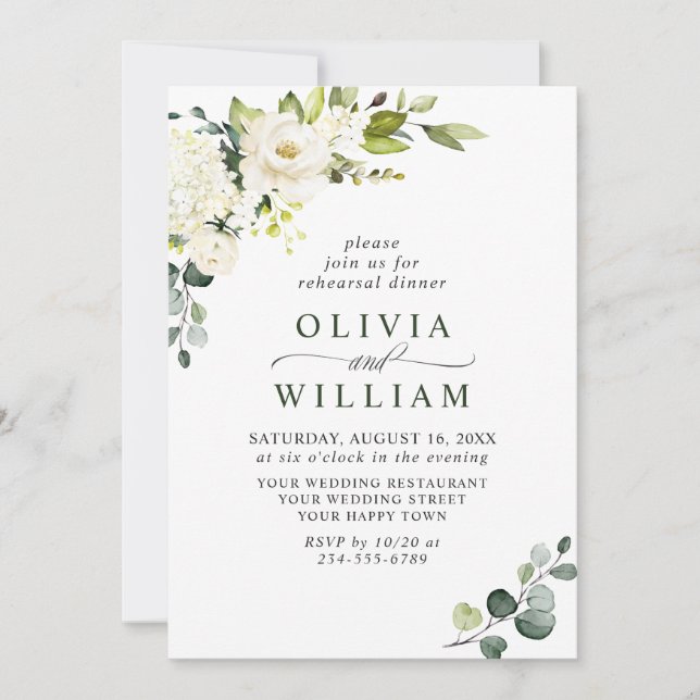 Elegant Eucalyptus White Roses REHEARSAL DINNER Invitation (Front)