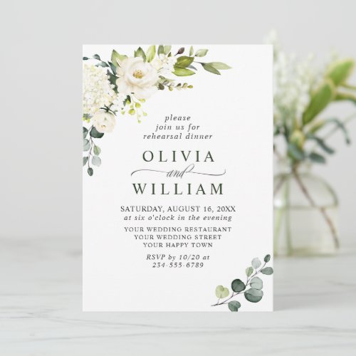 Elegant Eucalyptus White Roses REHEARSAL DINNER Invitation