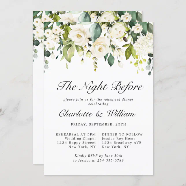 Elegant Eucalyptus White Roses REHEARSAL DINNER Invitation | Zazzle