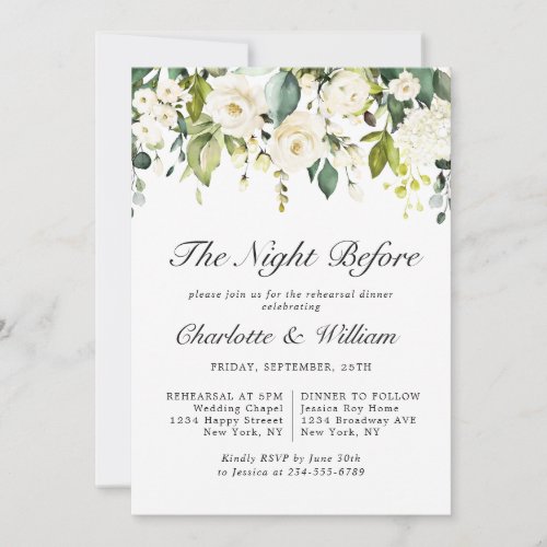 Elegant Eucalyptus White Roses REHEARSAL DINNER Invitation