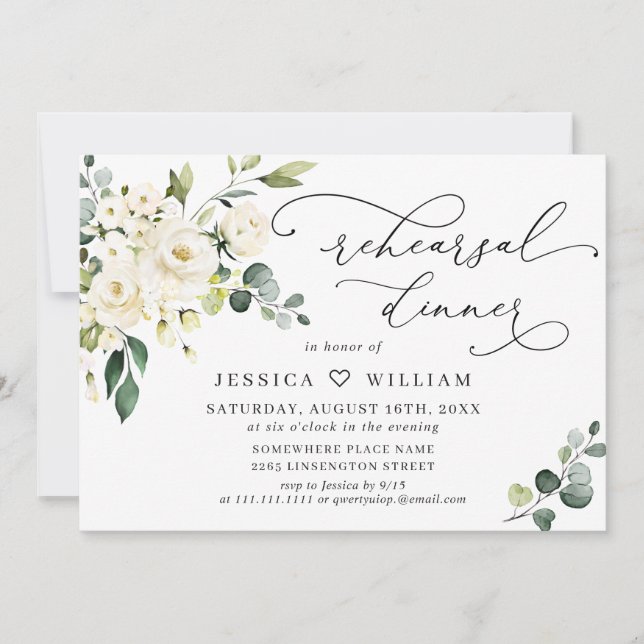 Elegant Eucalyptus White Roses REHEARSAL DINNER Invitation (Front)