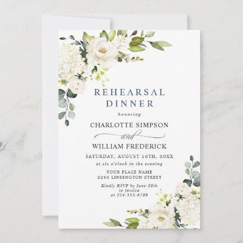 Elegant Eucalyptus White Roses REHEARSAL DINNER Invitation