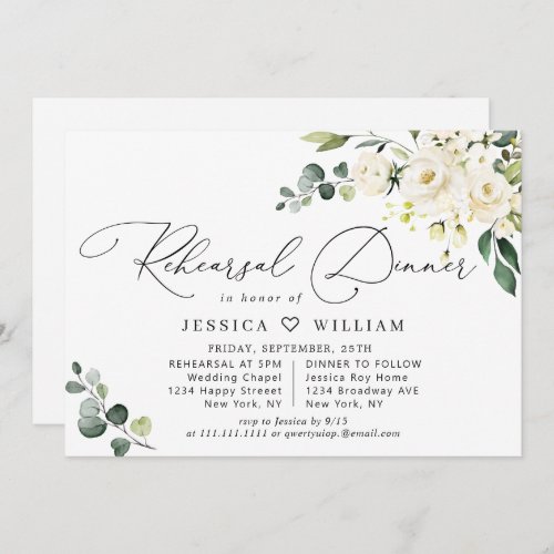 Elegant Eucalyptus White Roses REHEARSAL DINNER Invitation