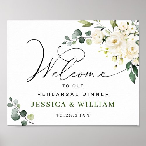 Elegant Eucalyptus White Roses Rehearsal Dinner Poster