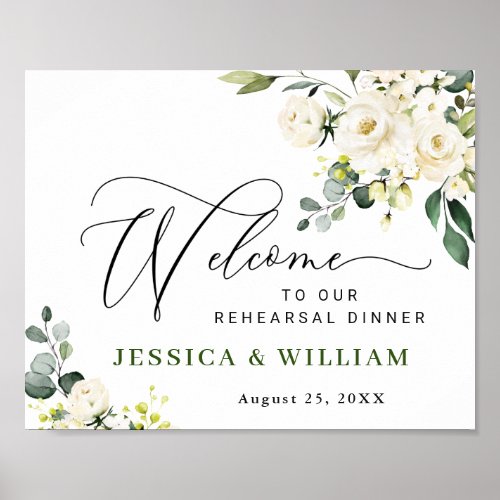 Elegant Eucalyptus White Roses REHEARSAL DINNER Poster