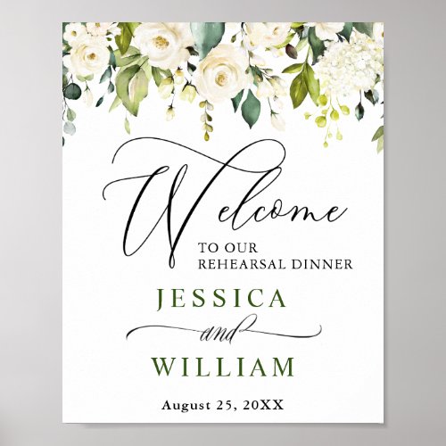 Elegant Eucalyptus White Roses Rehearsal Dinner Poster