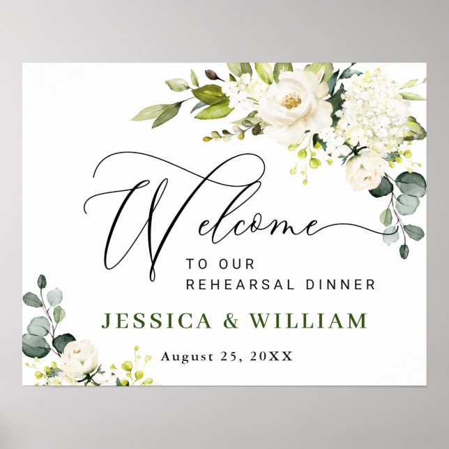 Elegant Eucalyptus White Roses REHEARSAL DINNER Poster (Front)