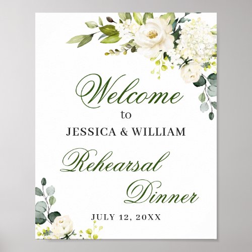 Elegant Eucalyptus White Roses Rehearsal Dinner Poster