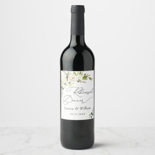 Elegant Eucalyptus White Roses Rehearsal Dinner Wine Label