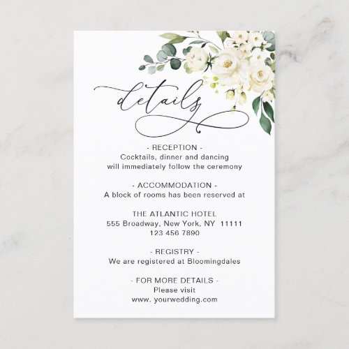 Elegant Eucalyptus White Roses Wedding Details Enclosure Card
