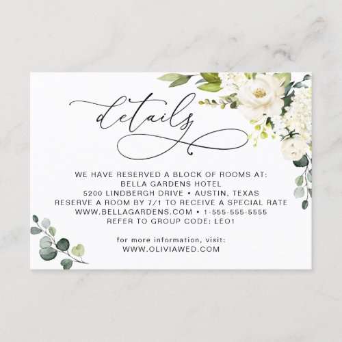 Elegant Eucalyptus White Roses Wedding Details Enclosure Card