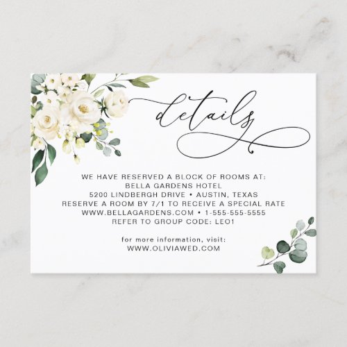 Elegant Eucalyptus White Roses Wedding Details Enclosure Card