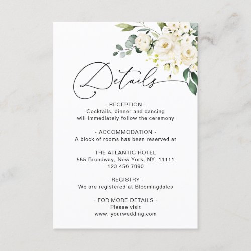 Elegant Eucalyptus White Roses Wedding Details Enclosure Card