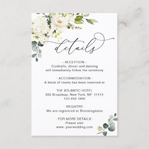 Elegant Eucalyptus White Roses Wedding Details Enclosure Card