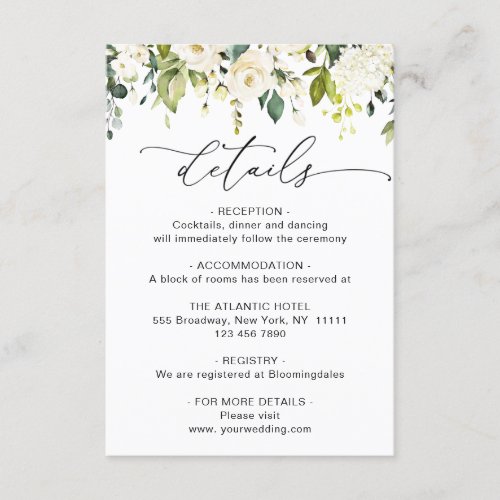 Elegant Eucalyptus White Roses Wedding Details Enclosure Card