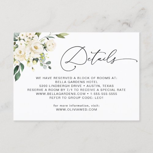 Elegant Eucalyptus White Roses Wedding Details Enclosure Card