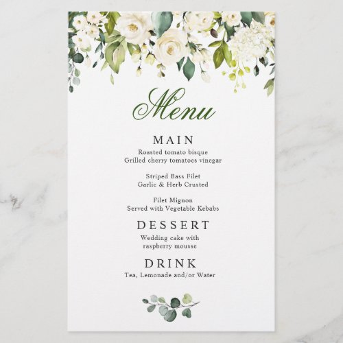Elegant Eucalyptus White Roses Wedding Dinner Menu