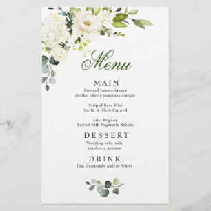 Elegant Eucalyptus White Roses Wedding Dinner Menu
