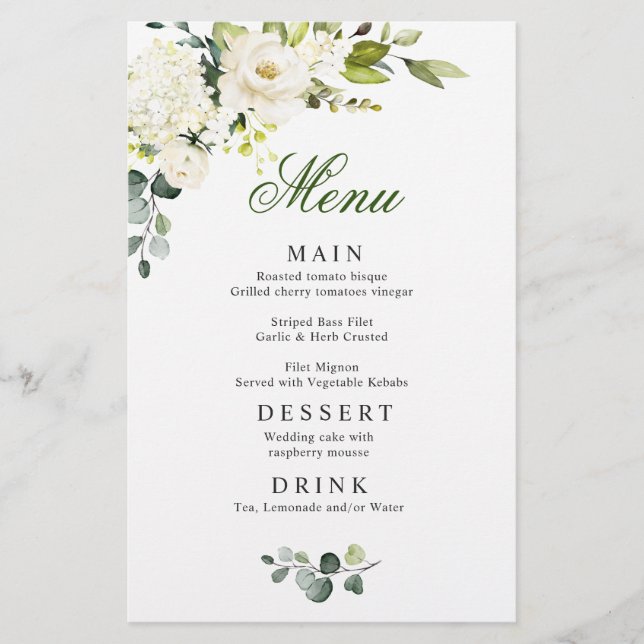 Elegant Eucalyptus White Roses Wedding Dinner Menu (Front)