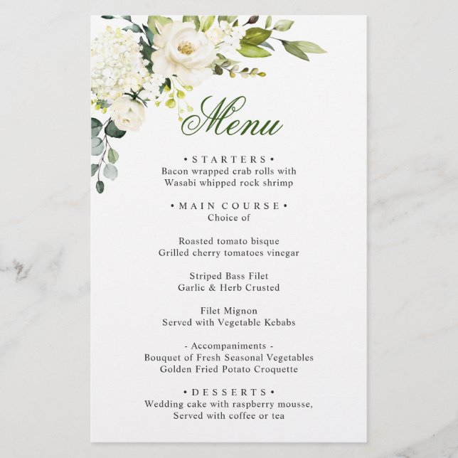 Elegant Eucalyptus White Roses Wedding Dinner Menu (Front)