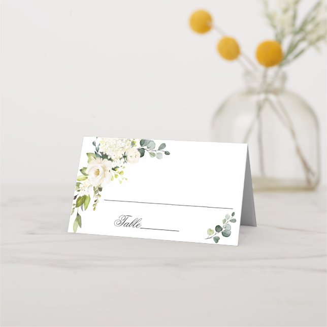 Elegant Eucalyptus White Roses Wedding Place Card (Front)