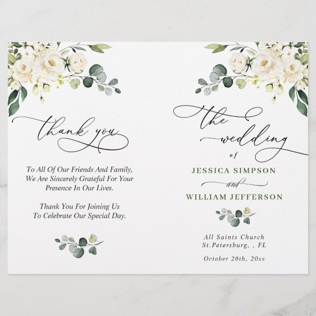 Elegant Eucalyptus White Roses Wedding Program (Front)