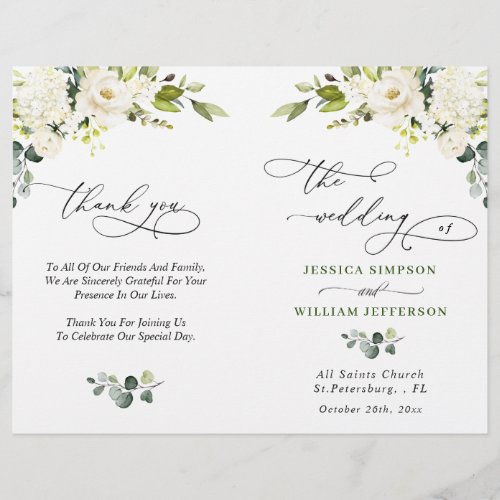 Elegant Eucalyptus White Roses Wedding Program