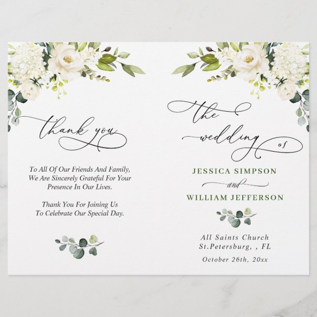 Elegant Eucalyptus White Roses Wedding Program (Front)