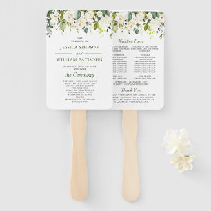 Elegant Eucalyptus White Roses Wedding Program Han Hand Fan