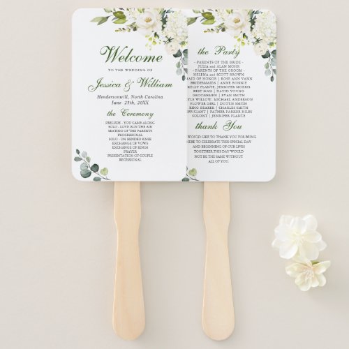 Elegant Eucalyptus White Roses Wedding Program Han Hand Fan