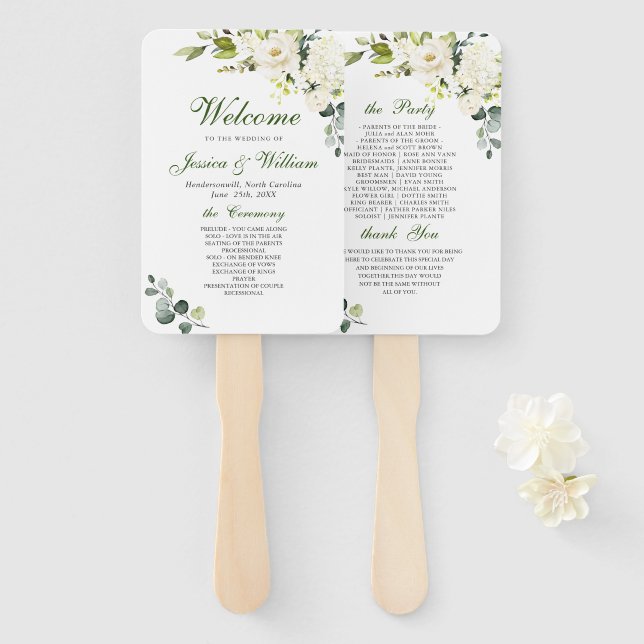 Elegant Eucalyptus White Roses Wedding Program Han Hand Fan (Front and Back)