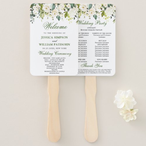 Elegant Eucalyptus White Roses Wedding Program Hand Fan