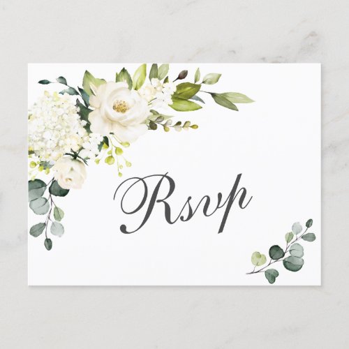 Elegant Eucalyptus White Roses Wedding RSVP Postcard