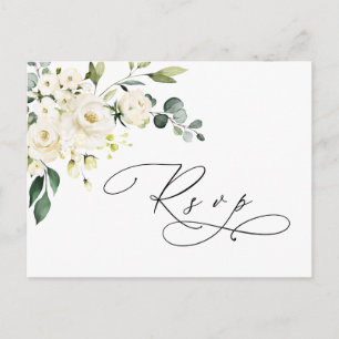 Elegant Eucalyptus White Roses Wedding RSVP Postcard