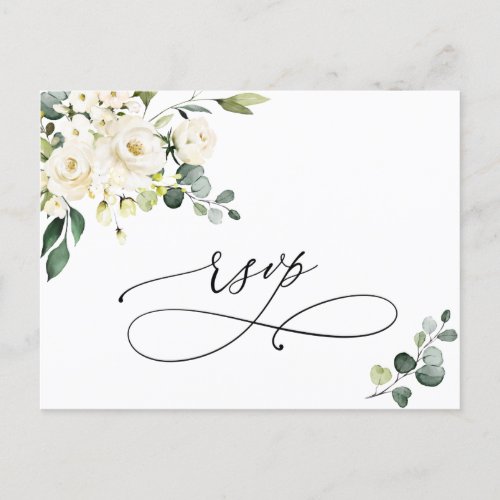 Elegant Eucalyptus White Roses Wedding RSVP Postcard