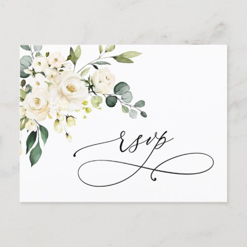 Elegant Eucalyptus White Roses Wedding RSVP Postcard