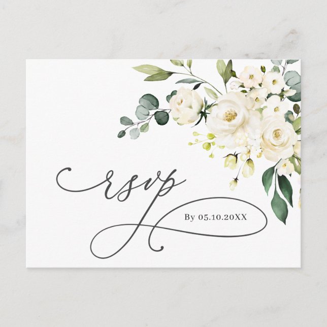 Elegant Eucalyptus White Roses Wedding RSVP Postcard (Front)