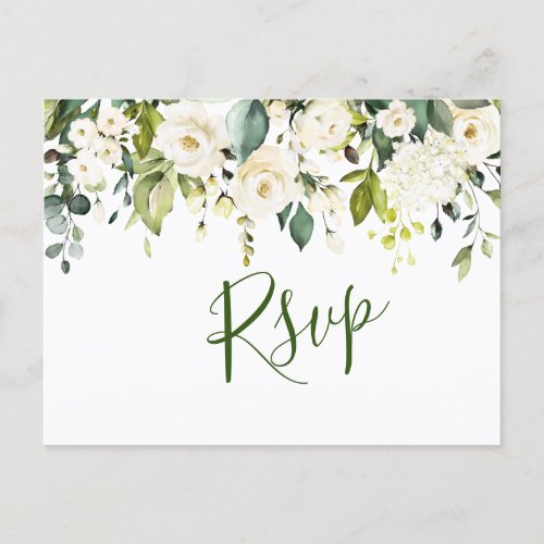 Elegant Eucalyptus White Roses Wedding RSVP Postcard