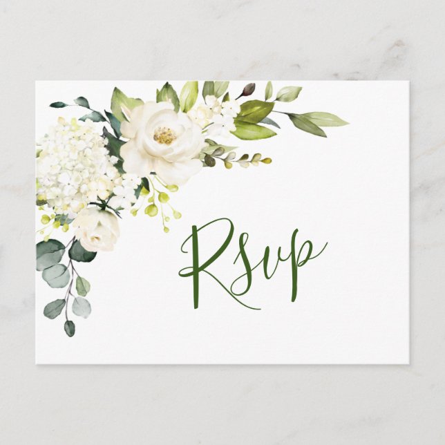 Elegant Eucalyptus White Roses Wedding RSVP Postcard (Front)