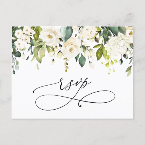 Elegant Eucalyptus White Roses Wedding RSVP Postcard