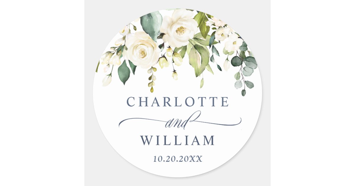 Elegant Eucalyptus White Roses Wedding Thank You Classic Round Sticker ...