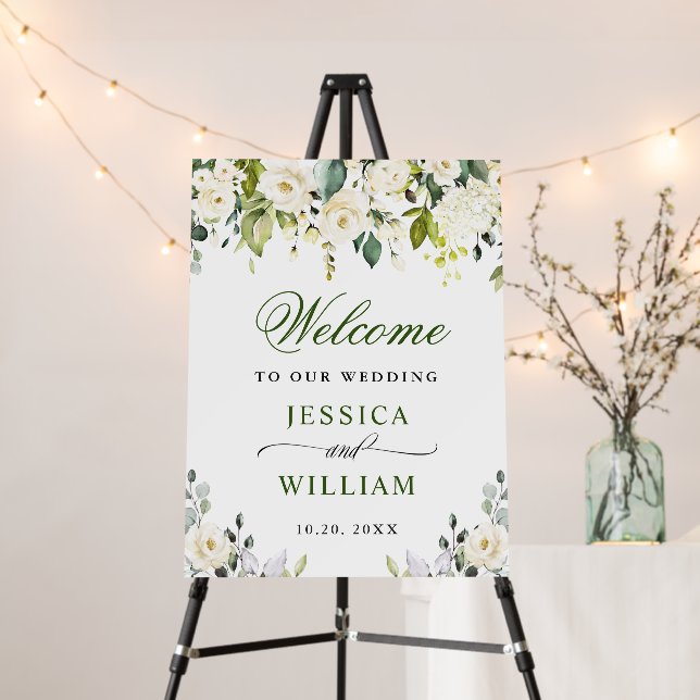 Elegant Eucalyptus White Roses Wedding Welcome Foa Foam Board (In Situ (Stand))
