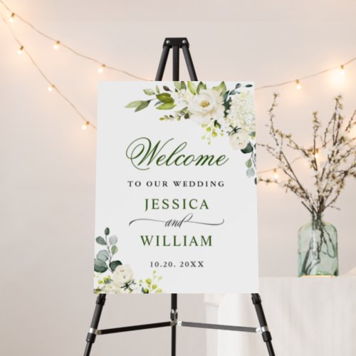Elegant Eucalyptus White Roses Wedding Welcome Foam Board