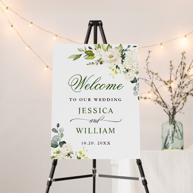 Elegant Eucalyptus White Roses Wedding Welcome Foam Board (In Situ (Stand))