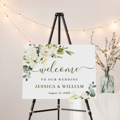 Elegant Eucalyptus White Roses Wedding Welcome Foam Board