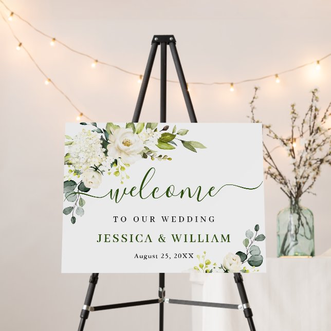 Elegant Eucalyptus White Roses Wedding Welcome Foam Board (In Situ (Stand))