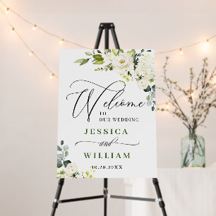 Elegant Eucalyptus White Roses Wedding Welcome Foam Board