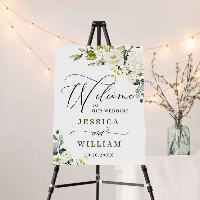 Elegant Eucalyptus White Roses Wedding Welcome Foam Board (In Situ (Stand))